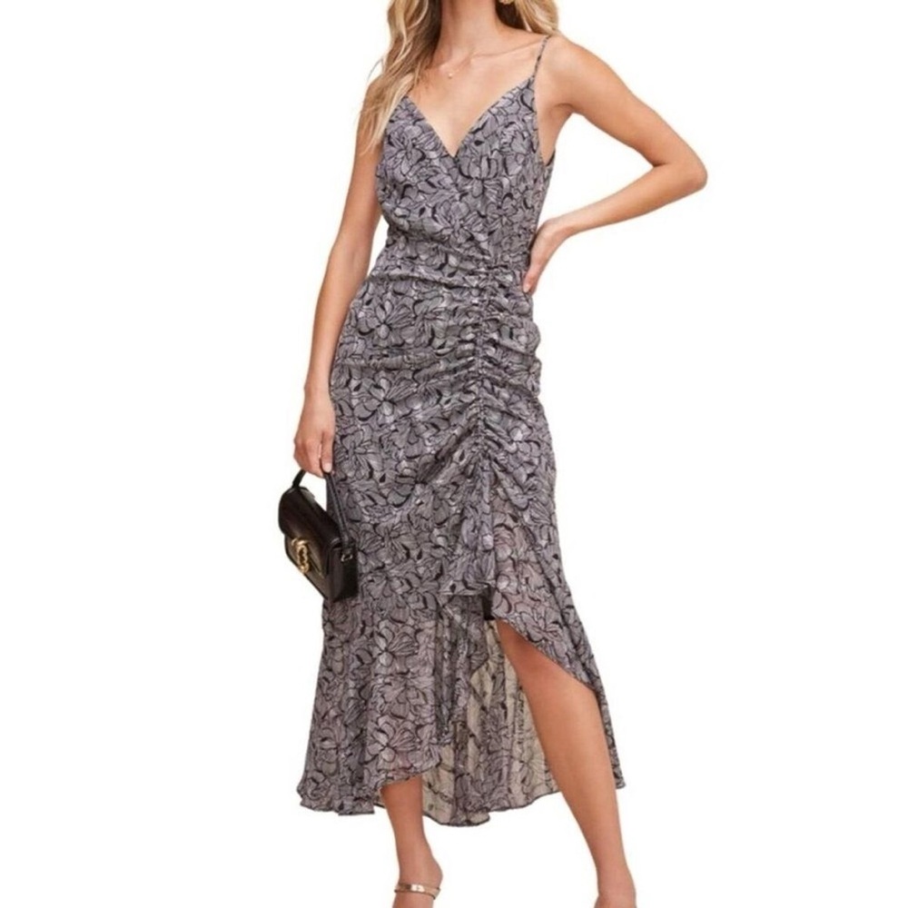 ASTR The Label Women's Gray Floral Asymmetrical Midi Dress - Size Small